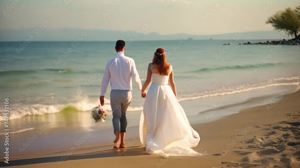 Wedding couple walking on the beach. Wedding in Montenegro, New bride and groom full rear view walking on the beach, AI Generated Wedding couple walking on the beach. Wedding in Montenegro, New bride and groom full rear view walking on the beach, AI Generated