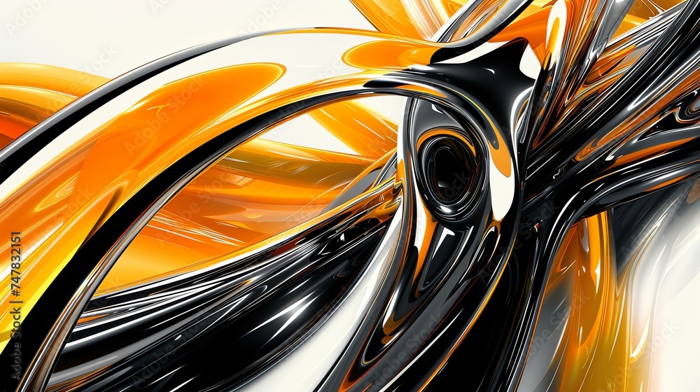 3D rendering. Abstract background with orange and black glossy tubes.