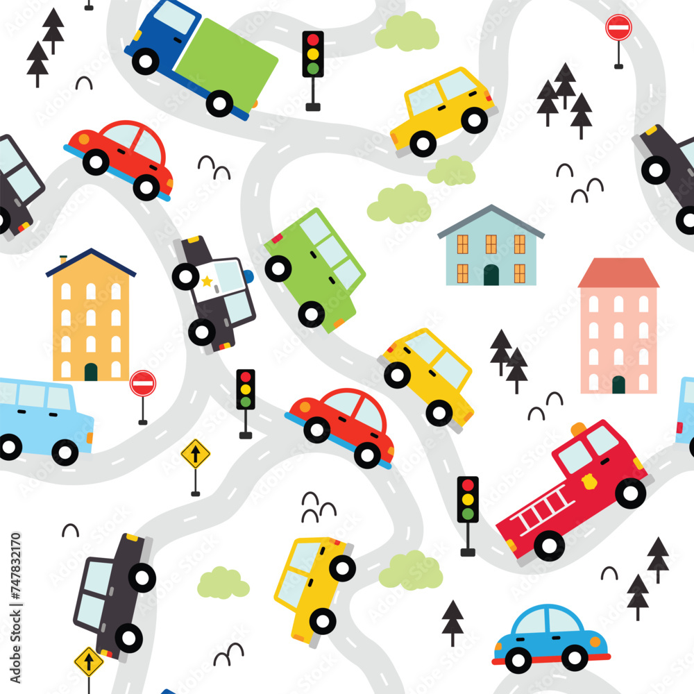 Seamless pattern for kids with cute car and town