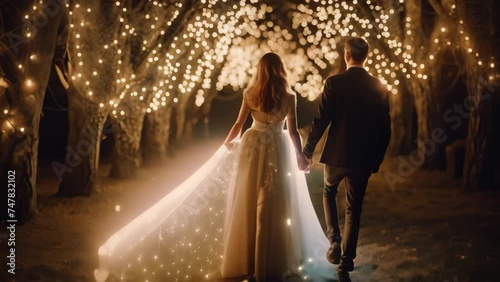 Beautiful wedding couple, bride and groom, walking in the park at night, New bride and groom full rear view standing and holding hand, AI Generated photo