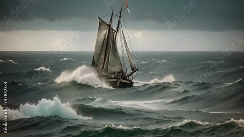 Vintage sailboat in stormy sea. Toned image. Old sailboat caught in a big storm at sea, AI Generated photo
