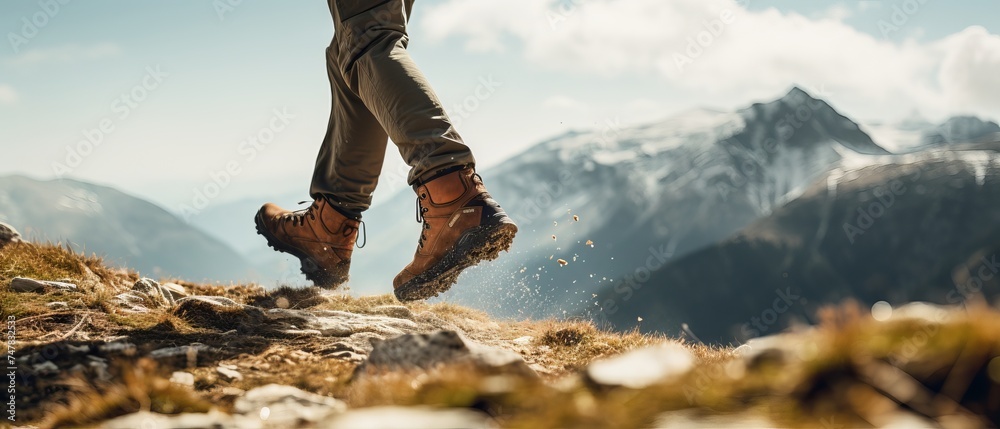 Hiker Ascending Rocky Trail: Close-Up of Leather Boots in Motion | Canon RF 50mm f/1.2L USM Hiker Ascending Rocky Trail: Close-Up of Leather Boots in Motion | Canon RF 50mm f/1.2L USM