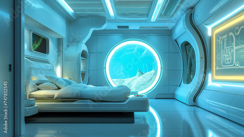 Modern hotel room. Bedroom on a spaceship. The bedroom of the future.