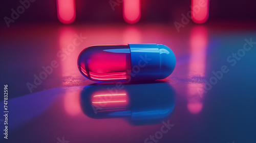 An empty capsule with red light shining on it.