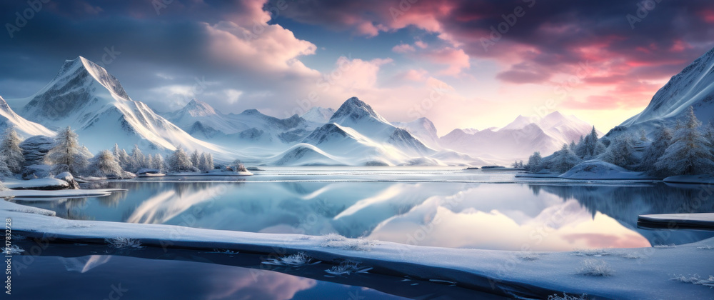 Tranquil winter panorama with a glassy frozen lake, snow-covered mountains under a soft dawn sky, reflecting the serene beauty of a polar landscape