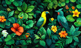 Lush tropical jungle illustration with a variety of vibrant green foliage and exotic birds, creating a dense and intricate botanical tapestry