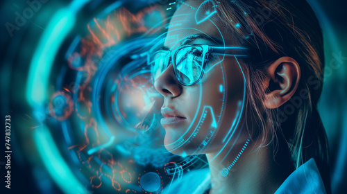 The doctor wearing glasses looks at the patient's data. A beautiful doctor is trying to solve a difficult disease.