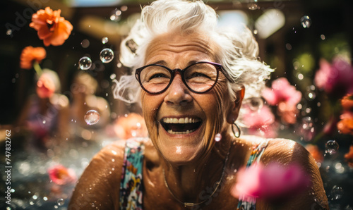 Joyful senior woman with friends splashing water and laughing in a swimming pool, celebrating active lifestyle and happiness in retirement