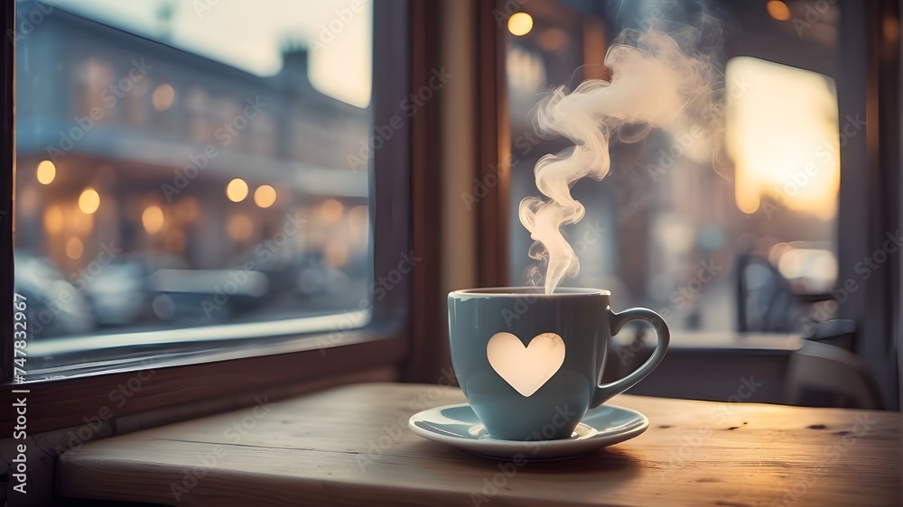 cup of coffee on the table with heart shaped, Imagine yourself sitting in a quaint coffee shop, gazing out the window from your cozy window seat, with a heart-shaped steam print on your mug. - obrazy, fototapety, plakaty 