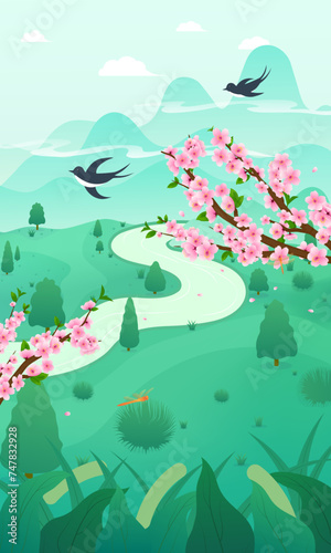 Vector illustration of peach blossoms blooming in spring