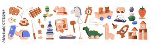 Wooden toys set. Wood blocks for childs play, montessori games, sorters for preschool kids, baby game. Kindergarten, nursery horse, rattle, doll. Flat vector illustrations isolated on white background