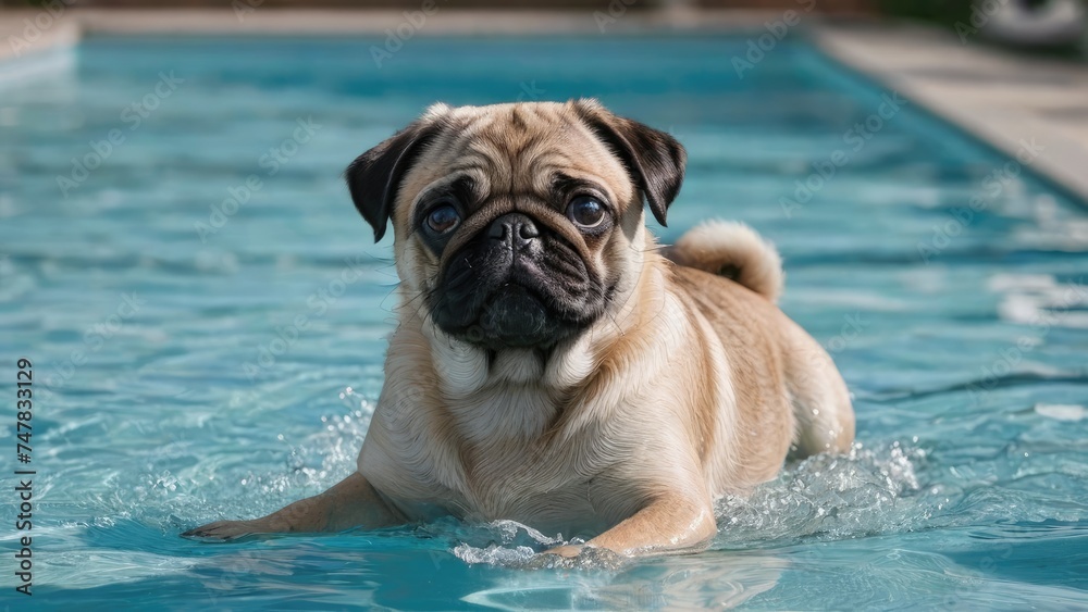Fawn pug dog in the swimming pool