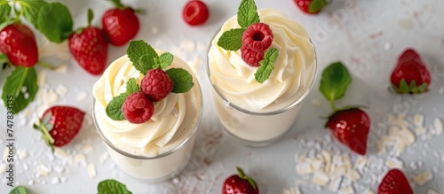 Two glasses filled with whipped cream and topped with vibrant raspberries sitting on a table, creating a rich and indulgent dessert.