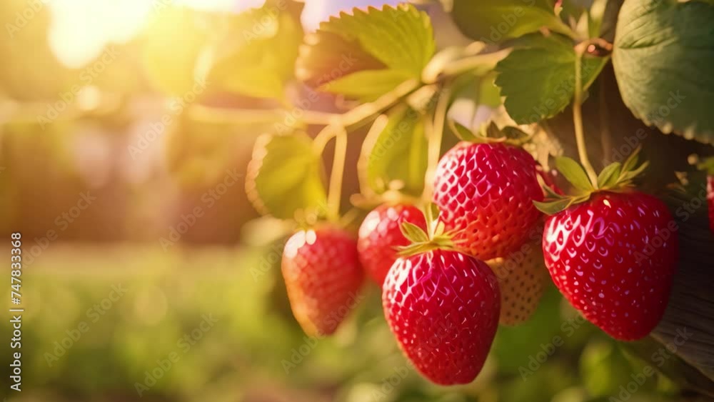Ripe red strawberries growing on a branch in the field at sunset, A branch with natural strawberries on a blurred background of a strawberry field at golden hour, AI Generated