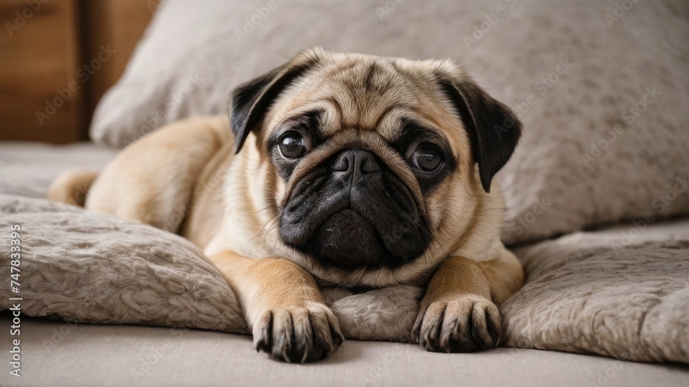 Fawn pug dog lying on bed in the bedroom