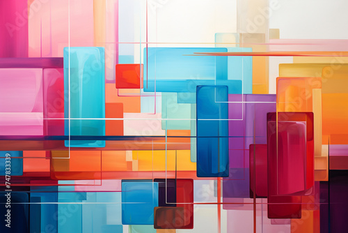Blocks of color overlap and intersect in a dynamic display of depth and dimension, evoking a sense of playful chaos in a bright geometric abstraction.