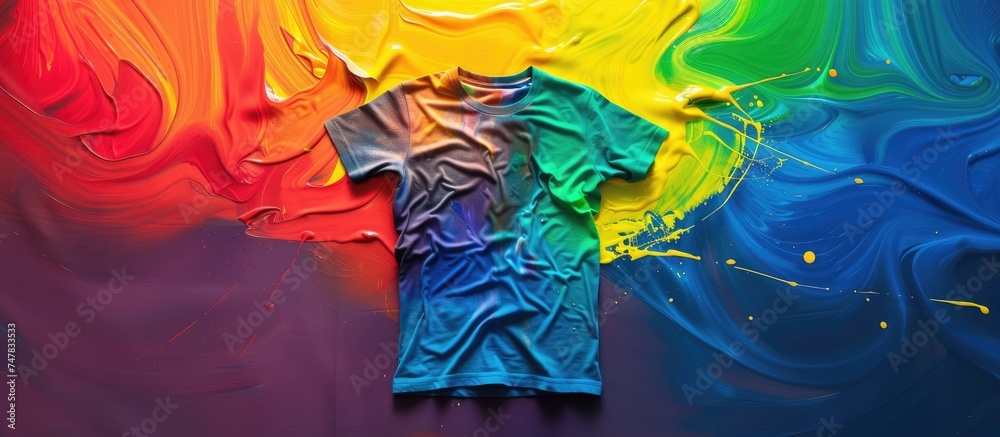 A rainbow-colored t-shirt has been splattered with multi-colored paint, creating a unique and artsy design. The vibrant colors contrast beautifully against the fabric, giving the shirt a dynamic and