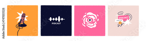 Podcast cover backgrounds set. Audio broadcast, modern square-shaped card designs, social media posts collection with microphone, mic, play, sound track, records. Trendy flat vector illustrations
