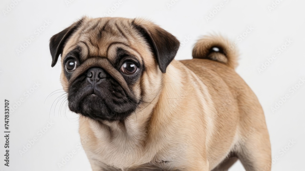 Fawn pug dog on grey background Fawn pug dog on grey background