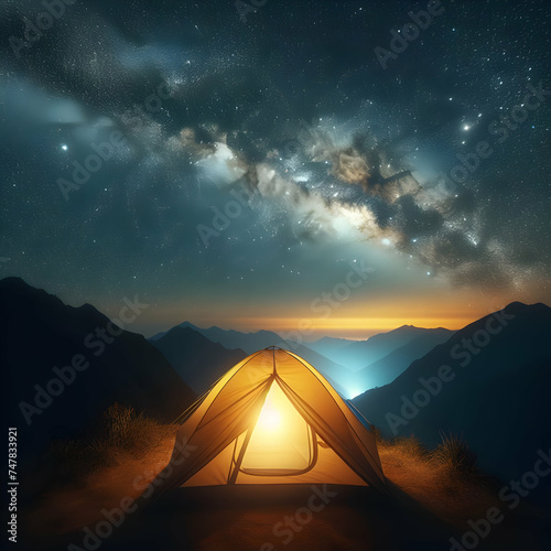 Image of a small tent lit from within, under a night sky filled with stars, on a mountain ridge. Tent off-center, glowing warmly, Milky Way visible above, natural and serene lighting. 