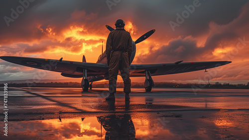 Warrior of the Skies: World War II Aircraft Pilot Stands Tall Amidst Stormy Evening