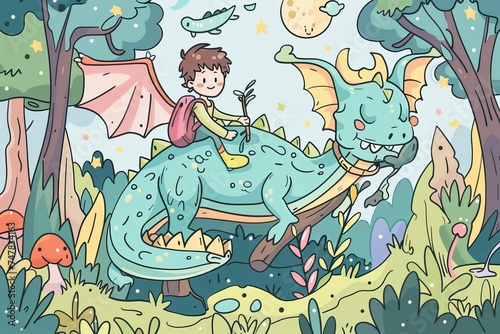 Cartoon cute doodles of a child daydreaming about riding on the back of a friendly dragon through a magical forest, Generative AI