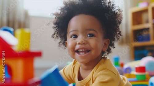 A joyful toddler with a radiant smile plays amidst a colorful backdrop of toys, embodying the innocence and happiness of childhood