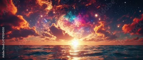 Colorful cosmic universe and beautiful sky sunset. Ocean reflection. Web banner design photo