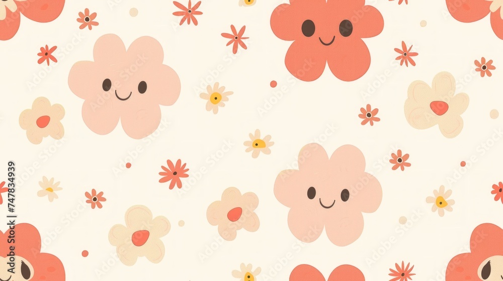 Cute funny kawaii flowers, seamless pattern, on cream pastel background