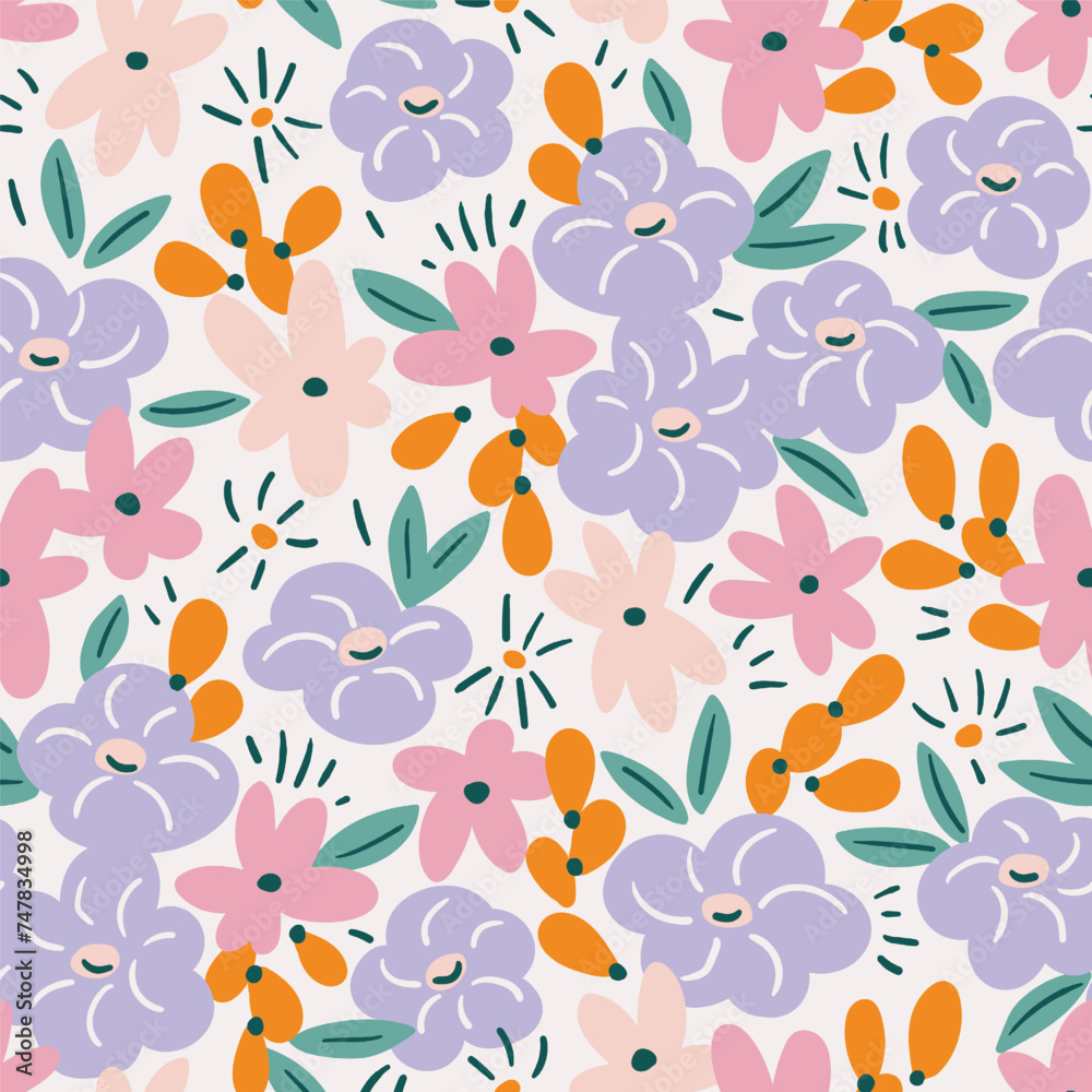 Naive abstract floral seamless pattern. Vector colorful flower repead background. Violet floral seamless pattern design for fabric, wallpaper or wrapping paper.