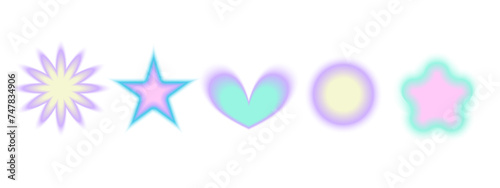 Gradient Y2k shape blur set. Flower, star, heart blurry aesthetic y2k. Vector pastel form illustration. Aura gradient shape