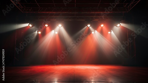 Spotlights Illuminating an Empty Stage for a Bright Show Scene in a Studio Entertainment Background © Web