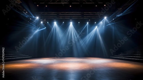Spotlights Illuminating Empty Stage in Bright Colors for Entertainment Show Scene in Studio Background