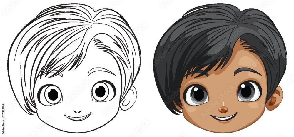 Two smiling cartoon kids with different hairstyles Two smiling cartoon kids with different hairstyles
