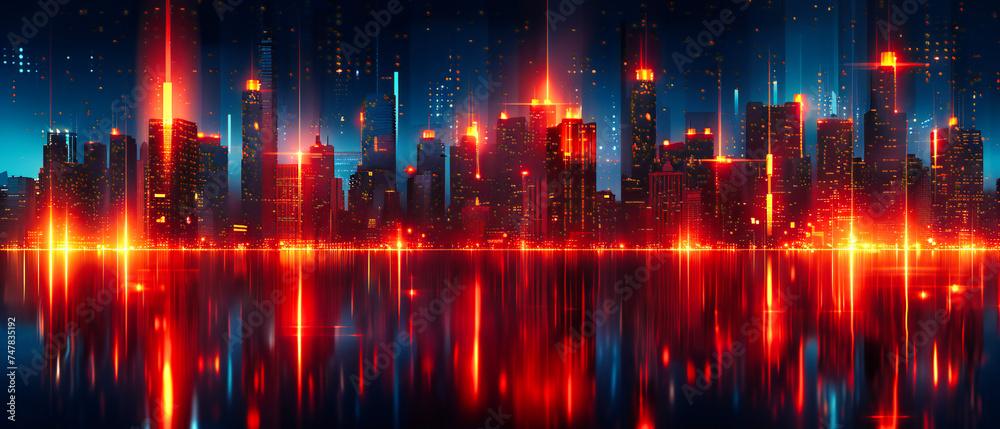 Panoramic Cityscape with Neon Skylines, Night View of Urban Landscape and Architecture, Futuristic City with Illuminated Buildings, Modern Metropolis with Vibrant Neon Lights, 