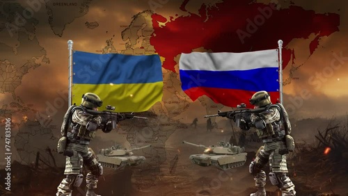 Russia vs Ukraine standing against each other in a war atmosphere. And flags and maps in the background