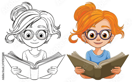 Colorful and black-and-white images of a girl reading