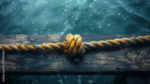 Rope secured to cleat on wood dock with dark water below photo