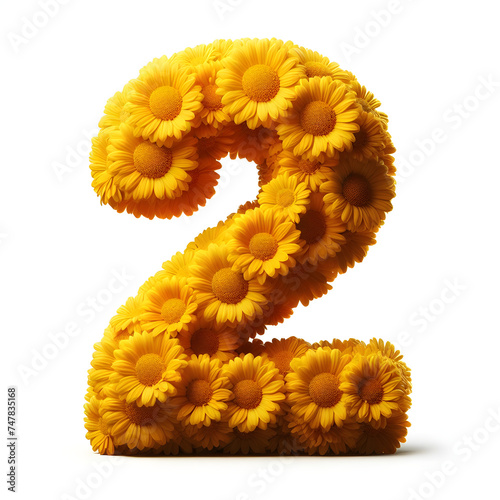 Number 2 is made of real natural Yellow flowers, Isolated on a white background, flower font concept, Creative Numbers