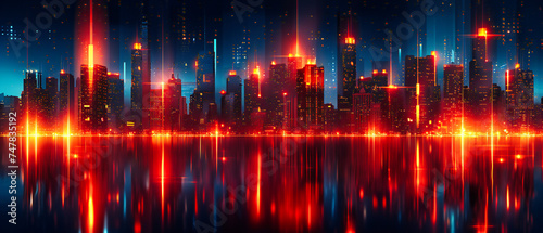 Panoramic Cityscape with Neon Skylines, Night View of Urban Landscape and Architecture, Futuristic City with Illuminated Buildings, Modern Metropolis with Vibrant Neon Lights, © NURA ALAM