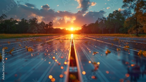A solar panel array with a blue sky and sunlight reflection- A clean energy concept photo