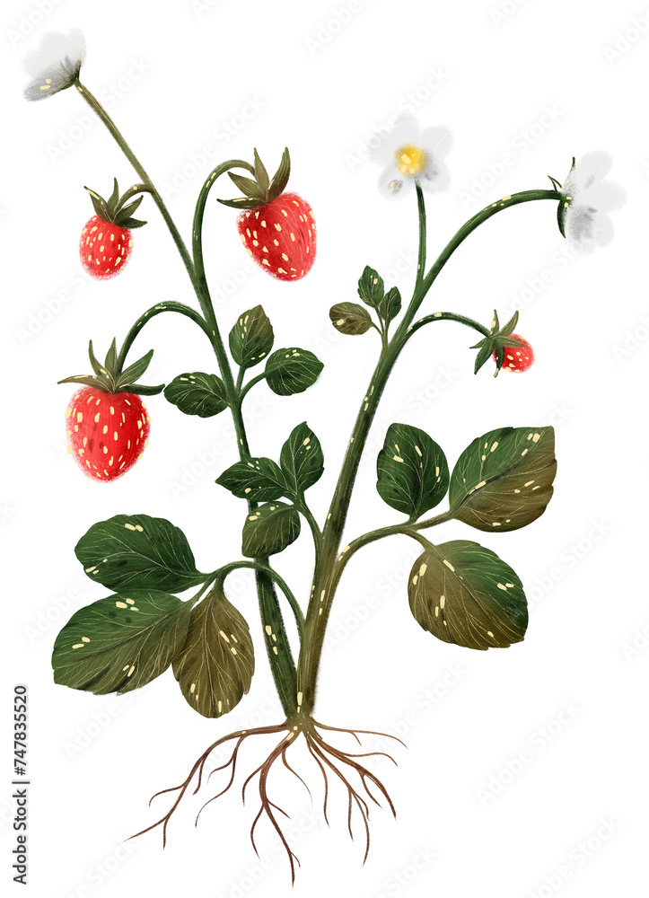 Floral botanical illustration of strawberry bush with roots Drawing of