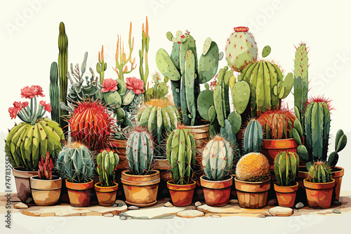hand drawn watercolor painting of desert scenery. landscape painting with prickly pear, saguaro, barrel cactus, cactus flowers, plants, rocks, dry soil, dunes,
