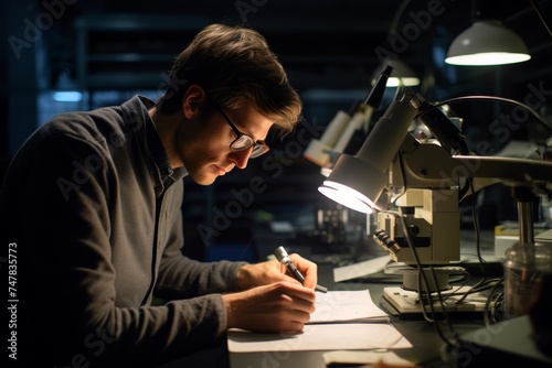  Portrait photograph of a male materials scientist in his late 20s  analyzing material properties in a materials science lab  with microscopes and testing equipment around him