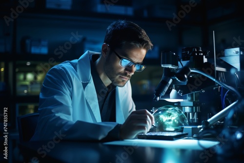 
Portrait photograph of a male materials scientist in his late 30s, analyzing material properties in a materials science lab, with microscopes and testing equipment around him