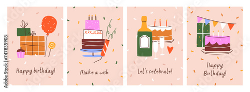 Happy Birthday, greeting cards set. Anniversary holiday, postcard backgrounds...