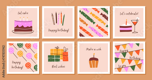 Happy birthday card designs set. Modern square postcards with holiday cake, f...