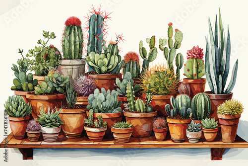 hand drawn watercolor painting of desert scenery. landscape painting with prickly pear, saguaro, barrel cactus, cactus flowers, plants, rocks, dry soil, dunes,