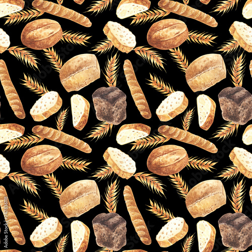 Watercolor Bread and sweet rolls, baguette seamless pattern. Hand drawn illustration on white background. For fabric, textile, etc