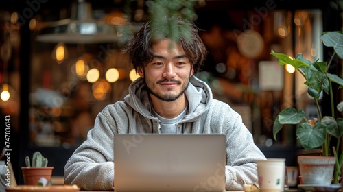 Man working on laptop computer at home, smiling and using laptop.